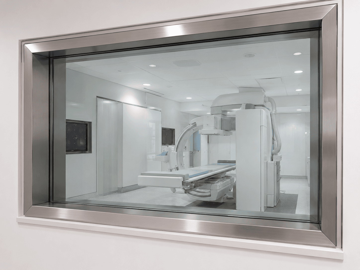 Observation window illustrating lead glass in a medical imaging environment