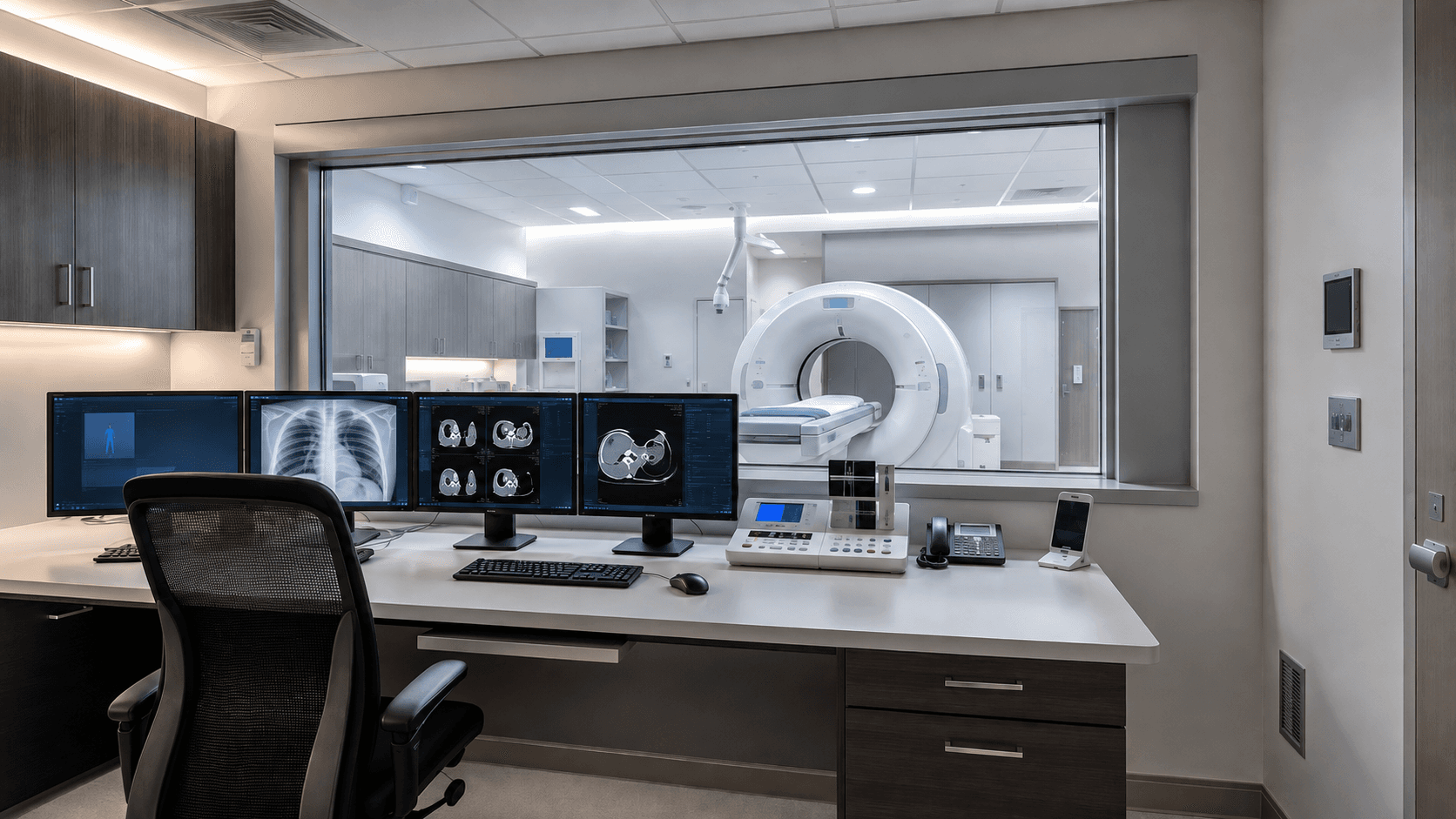 Radiology control area overlooking a medical imaging room